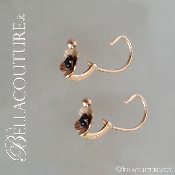 SOLD! - (ANTIQUE) Gorgeous Rare French Floral Flower Figural Etched Genuine Natural Blue Sapphire Gemstone Victorian 18K 18Ct Solid Rose Gold Earrings - Circa 1838 - Fine Jewelry (One of a Kind)