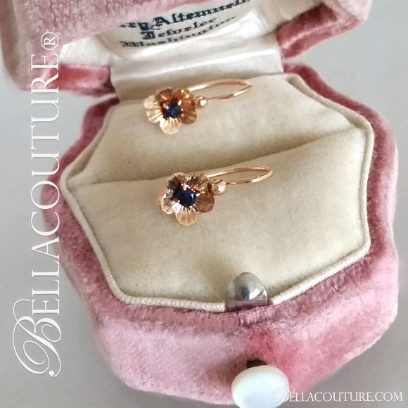 SOLD! - (ANTIQUE) Gorgeous Rare French Floral Flower Figural Etched Genuine Natural Blue Sapphire Gemstone Victorian 18K 18Ct Solid Rose Gold Earrings - Circa 1838 - Fine Jewelry (One of a Kind)