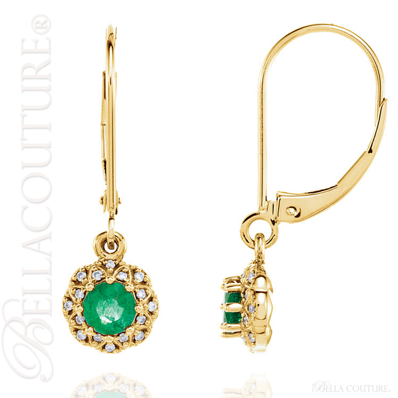 (NEW) BELLA COUTURE SORA HALO Fine Elegant Emerald Diamond 14k Yellow Gold Dangle Drop Lever Back Earrings