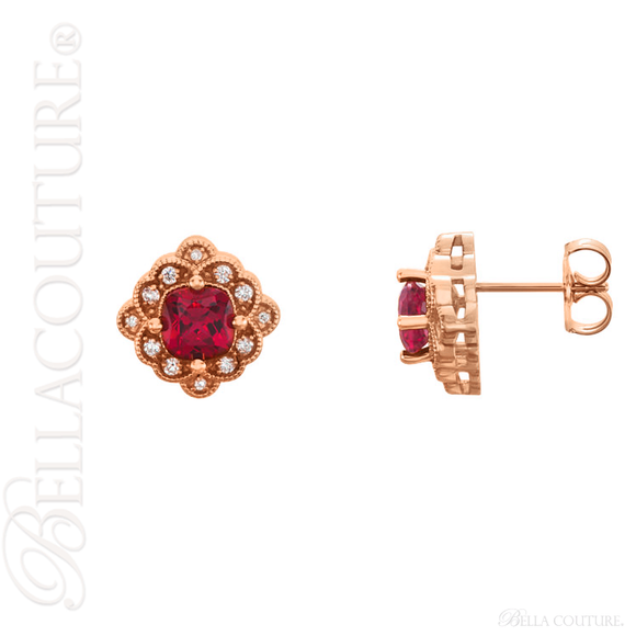 (NEW) BELLA COUTURE CHERISH Fine Elegant Antique Cut Ruby Diamond 14k Rose Gold Post Back Earrings