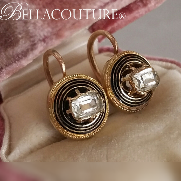 SOLD! - (ANTIQUE) Gorgeous Exquisite Rare Fine Victorian French Enamel Enameled Cushion Emerald Cut Diamond 18K 18Ct 18Kt Solid Yellow & Rose Gold Earrings - c.1838 - Fine Jewelry (One of a Kind)