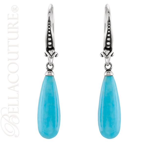 (NEW) BELLA COUTURE BALIZA Gorgeous Fine Genuine Turquoise Fleur De Lis Sterling Silver Dangle Briolette Tear Drop Earrings