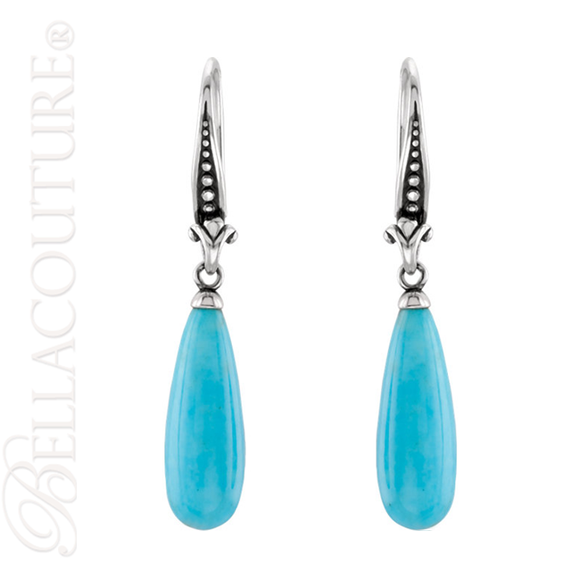 (NEW) BELLA COUTURE BALIZA Gorgeous Fine Genuine Turquoise Fleur De Lis Sterling Silver Dangle Briolette Tear Drop Earrings