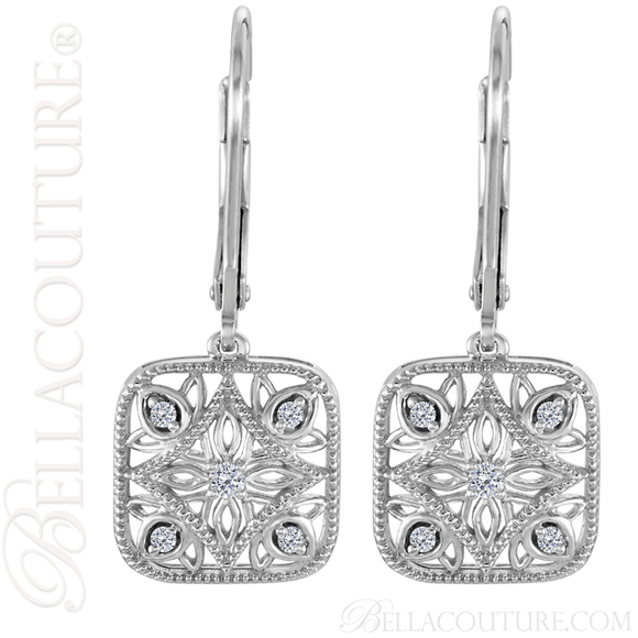 (NEW) BELLA COUTURE HANNAH Gorgeous Fine Diamond Sterling Silver Filigree Square Dangle Drop Earrings