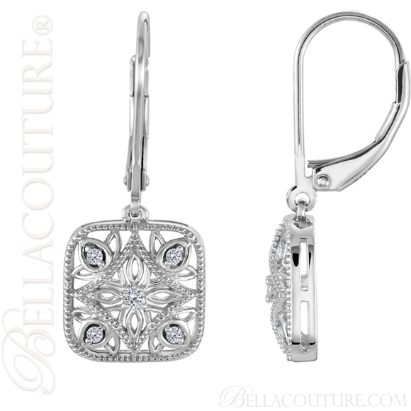 (NEW) BELLA COUTURE HANNAH Gorgeous Fine Diamond Sterling Silver Filigree Square Dangle Drop Earrings