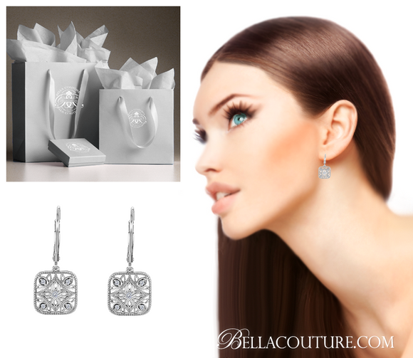 (NEW) BELLA COUTURE HANNAH Gorgeous Fine Diamond Sterling Silver Filigree Square Dangle Drop Earrings