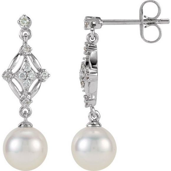 (NEW) BELLA COUTURE LORRIA Gorgeous Fine 1/6 CT Diamond Freshwater Cultured Pearl 14K White Gold Filigree Dangle Drop Post Earrings