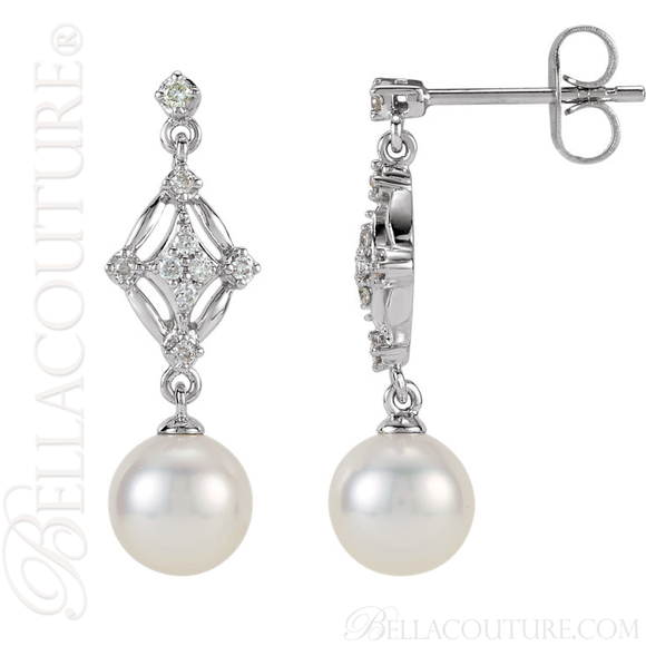 (NEW) BELLA COUTURE LORRIA Gorgeous Fine 1/6 CT Diamond Freshwater Cultured Pearl 14K White Gold Filigree Dangle Drop Post Earrings