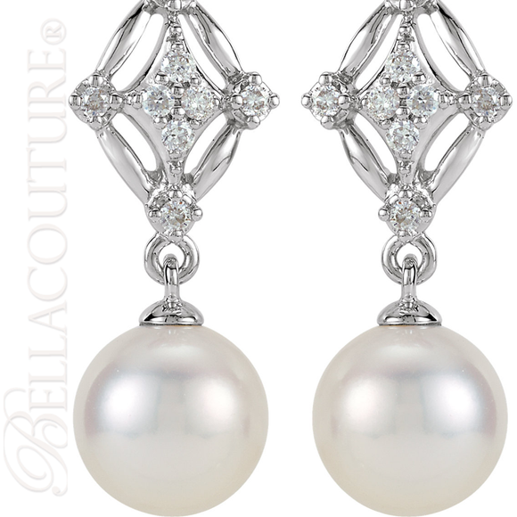 (NEW) BELLA COUTURE LORRIA Gorgeous Fine 1/6 CT Diamond Freshwater Cultured Pearl 14K White Gold Filigree Dangle Drop Post Earrings