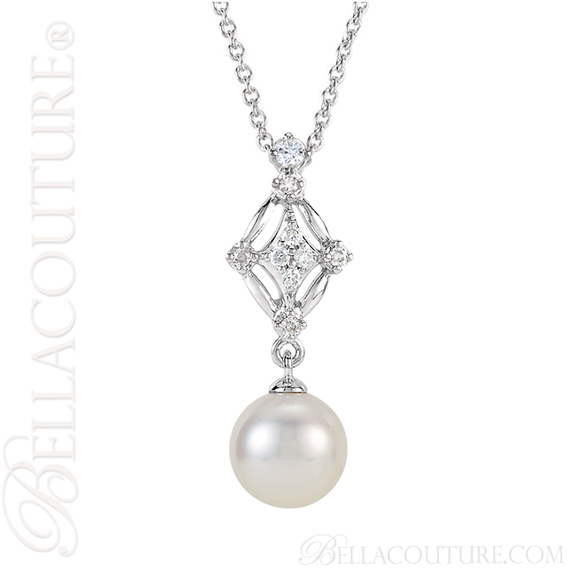 (NEW) BELLA COUTURE LORRIA Gorgeous Fine 1/6 CT Diamond Freshwater Cultured Pearl 14K White Gold Filigree Dangle Drop Post Earrings
