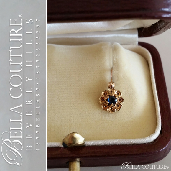 SOLD! - (ANTIQUE) Rare Exquisite Victorian French Genuine Sapphire Gemstone 18K 18CT Solid Yellow Gold Earrings c. 1837