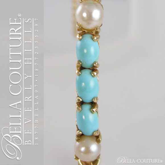 SOLD! - Gorgeous Antique Victorian Rare Freshwater Cultured Pearl Persian Natural Turquoise 14K Bangle Bracelet c.1838