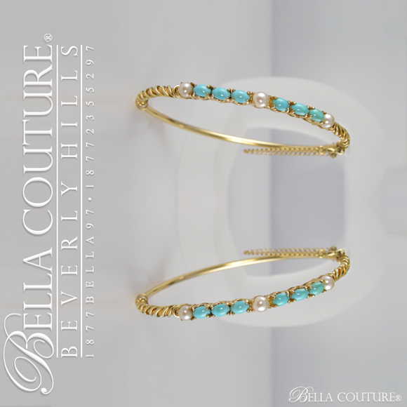 SOLD! - Gorgeous Antique Victorian Rare Freshwater Cultured Pearl Persian Natural Turquoise 14K Bangle Bracelet c.1838