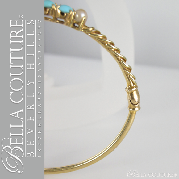 SOLD! - Gorgeous Antique Victorian Rare Freshwater Cultured Pearl Persian Natural Turquoise 14K Bangle Bracelet c.1838