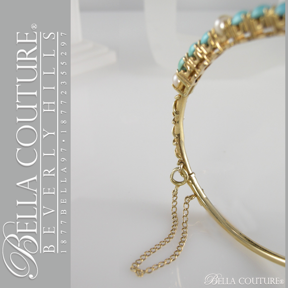 SOLD! - Gorgeous Antique Victorian Rare Freshwater Cultured Pearl Persian Natural Turquoise 14K Bangle Bracelet c.1838