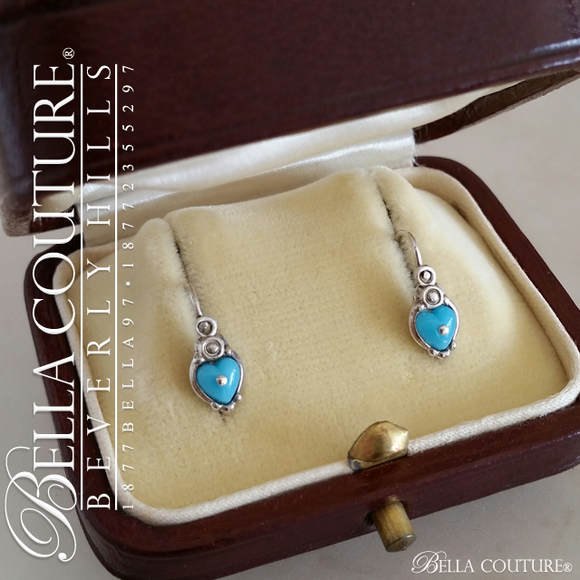 SOLD! - (ANTIQUE) Gorgeous Fine VIctorian Rare Silver Turquoise Paste Heart Earrings