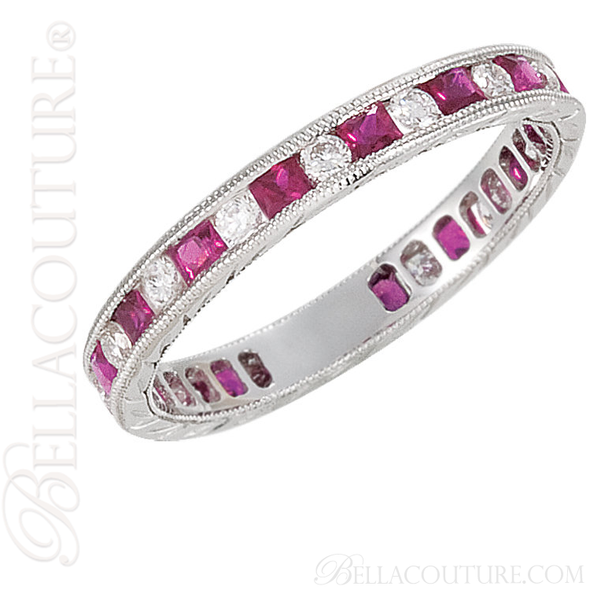 (NEW) BELLA COUTURE FINE GORGEOUS GENUINE RUBY GEMSTONE DIAMOND 14K GOLD CHANNEL SET ETERNITY RING (SIZE 7)  (1/4 CT. TW.)