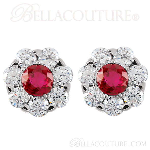(NEW) Bella Couture Gorgeous 1 1/8CT Diamond Genuine Ruby 14k White Gold Cluster Earrings