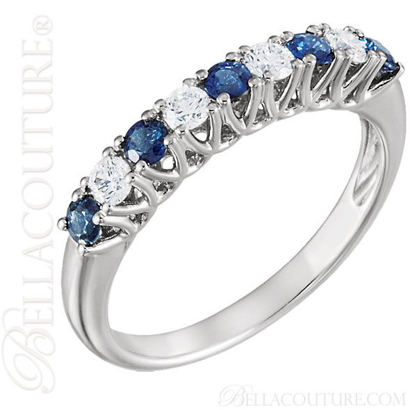 (NEW) BELLA COUTURE CASCADE FINE GENUINE BLUE SAPPHIRE GEMSTONE DIAMOND 14K WHITE GOLD ANNIVERSARY RING