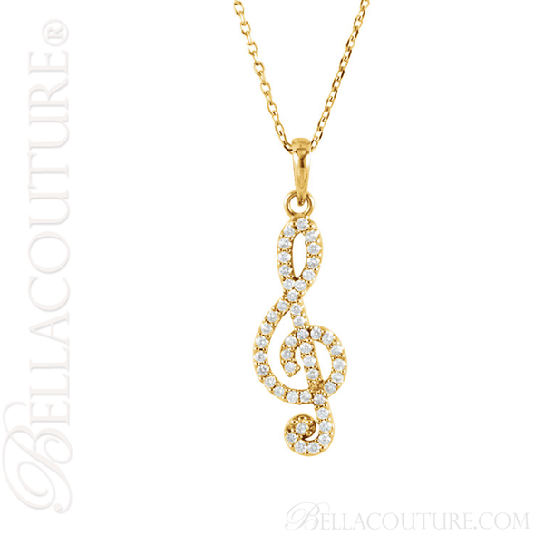 (NEW) BELLA COUTURE Fine Petite Treble Clef Diamond 14K Yellow Gold Pendant Necklace (16" in Length) (1/4 CT. TW.)