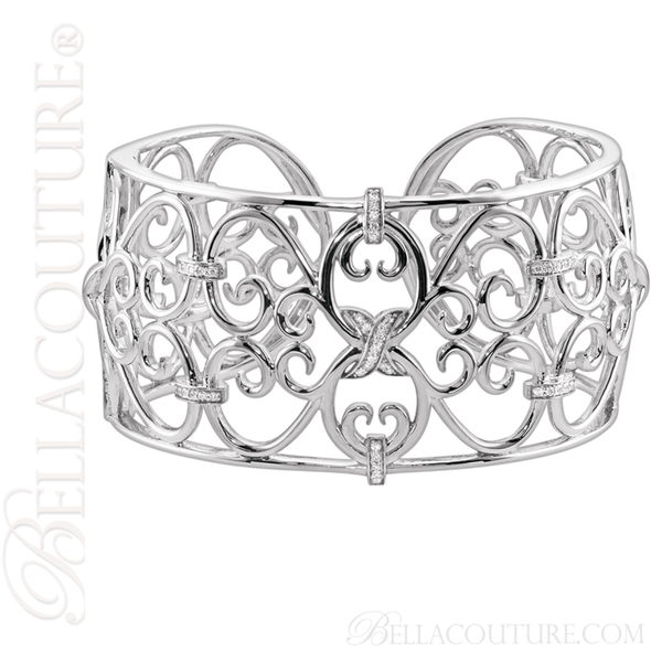 (NEW) BELLA COUTURE FINE ELEGANT SCULPTED SCROLLING OPEN FILIGREE PAVE' DIAMOND 14K WHITE GOLD STERLING CUFF BRACELET