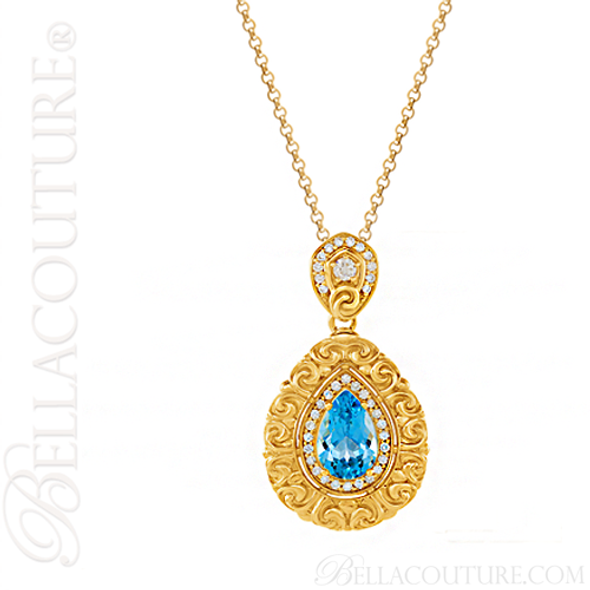 (NEW) BELLA COUTURE La VICTORIA FINE GORGEOUS GENUINE SWISS BLUE TOPAZ DIAMOND 14K YELLOW GOLD SCROLLING PENDANT NECKLACE (1/2 CT. TW.) (18" Inches)