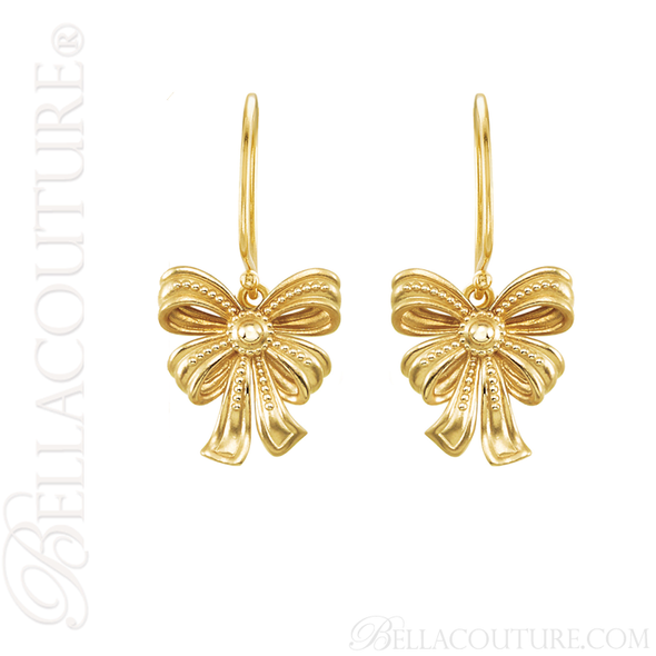 (NEW) BELLA COUTURE FINE GORGEOUS VINTAGE INSPIRED DELICATE 14K YELLOW GOLD DANGLE DROP BOW EARRINGS