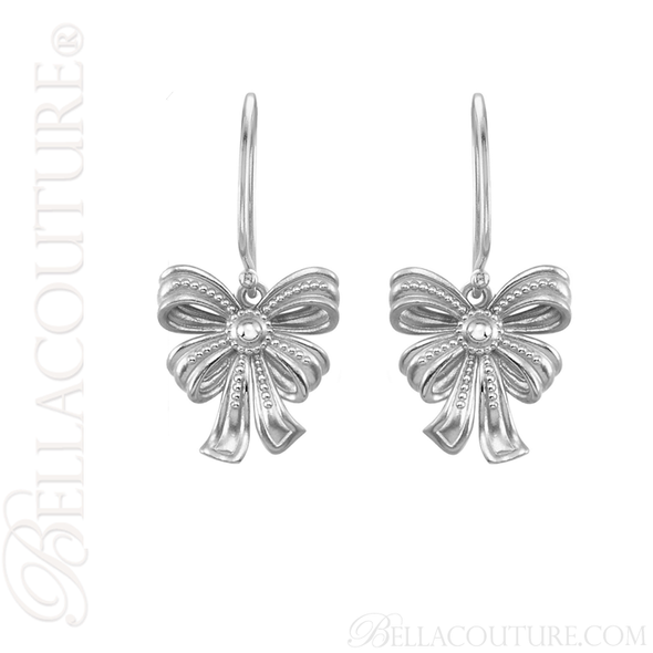 (NEW) BELLA COUTURE FINE GORGEOUS VINTAGE INSPIRED DELICATE 14K WHITE GOLD DANGLE DROP BOW EARRINGS