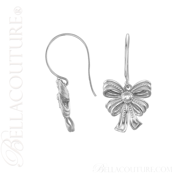 (NEW) BELLA COUTURE FINE GORGEOUS VINTAGE INSPIRED DELICATE 14K WHITE GOLD DANGLE DROP BOW EARRINGS