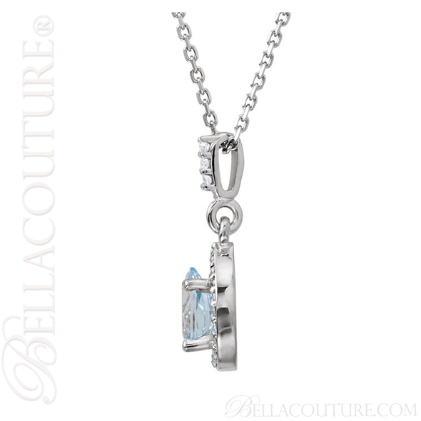 (NEW) BELLA COUTURE GORGEOUS FINE AQUAMARINE DIAMOND 14K WHITE GOLD PENDANT NECKLACE (18" Inches)