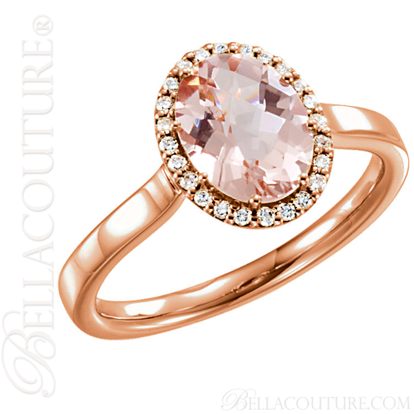 (NEW) BELLA COUTURE PARADISE Fine Gorgeous Oval Pink Morganite Pave' Diamond 14K Rose Gold Ring (1/8 CT. TW.)