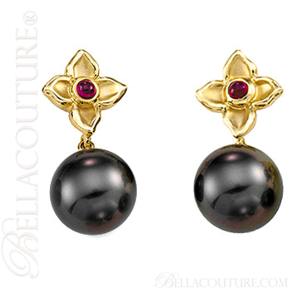 (NEW) BELLA COUTURE MINNA Fine Tahitian Cultured Pearl Ruby 14K Yellow Gold Dangle Drop Earrings