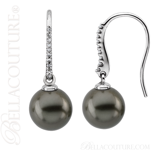 (NEW) BELLA COUTURE TABOUS Fine Tahitian Cultured Pearl Diamond 14K White Gold Dangle Drop Earrings