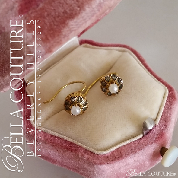 SOLD! - (ANTIQUE) Rare Gorgeous Georgian Victorian Filigree Smokey Quartz Paste Gemstone Cultured Freshwater Pearl 18K Yellow Gold Cluster Earrings c. 1770 - 1838