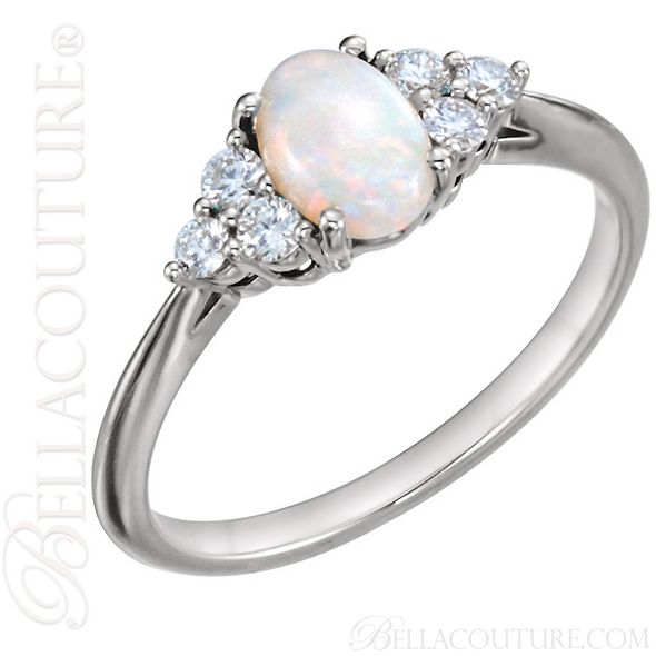 (NEW) BELLA COUTURE PANINA Fine Diamond Genuine Oval Opal Gemstone 14K White Gold Ring (1/5 CT. TW.)