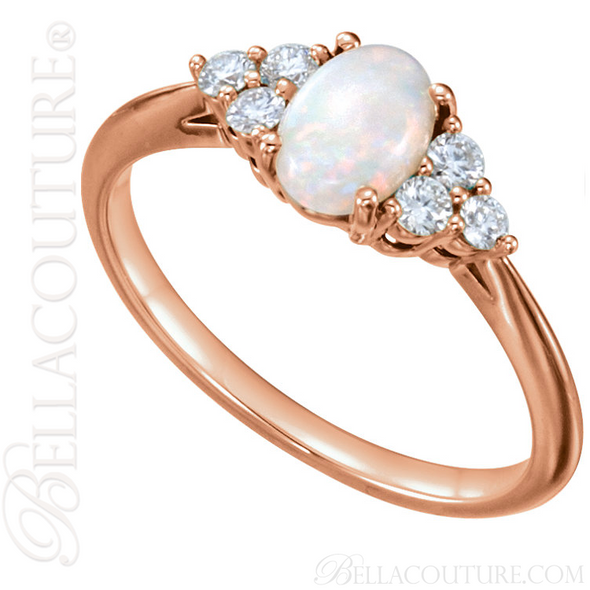 (NEW) BELLA COUTURE PANINA Fine Diamond Genuine Oval Opal Gemstone 14K Rose Gold Ring (1/5 CT. TW.)