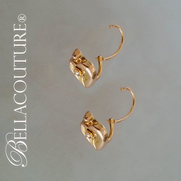 SOLD! - (ANTIQUE) Rare Gorgeous Victorian White Natural Freshwater Cultured Pearl 18K Yellow Gold Etched Heart Earrings c.1838 One of a Kind Fine Jewelry