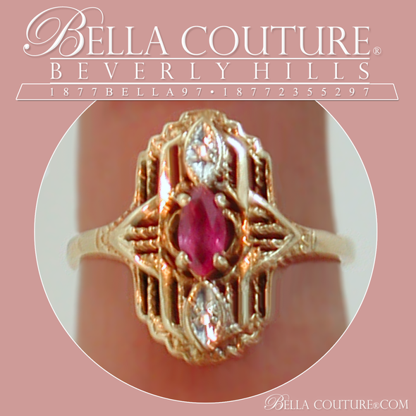 SOLD! - (ANTIQUE) ANTIQUE VICTORIAN RUBY DIAMOND YELLOW GOLD MARQUISE 10K RING - SIZE 6