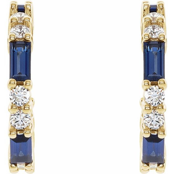 (NEW) BELLA COUTURE® BAGUETTE BLUE SAPPHIRE 14K YELLOW GOLD ROUND GEMSTONE DIAMOND HOOP EARRINGS .50 CTW (1/2 CT. TW.)