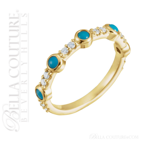 (NEW) BELLA COUTURE® CARINNA 14K YELLOW GOLD GENUINE CABOCHON NATURAL TURQUOISE DIAMOND RING BAND (1/2 CT. TW.)