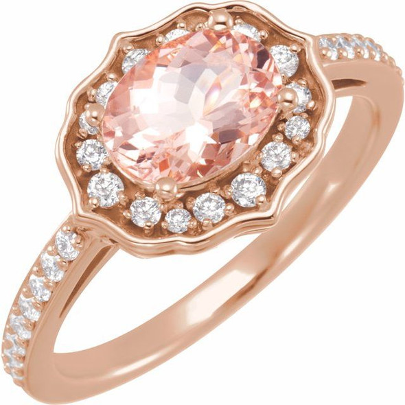 (NEW) BELLA COUTURE FLORINA Fine Elegant Diamond Oval Pink Peach Morganite Gemstone 14K Rose Gold Ring (1/3 CT. TW.)
