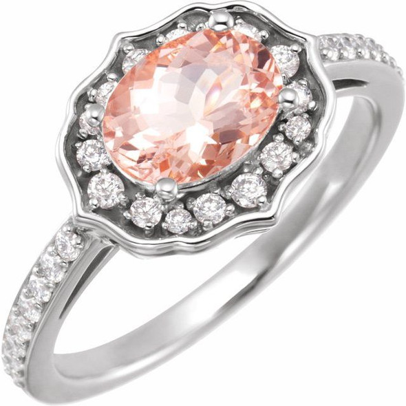 (NEW) BELLA COUTURE FLORINA Fine Elegant Diamond Oval Pink Peach Morganite Gemstone 14K White Gold Ring (1/3 CT. TW.)