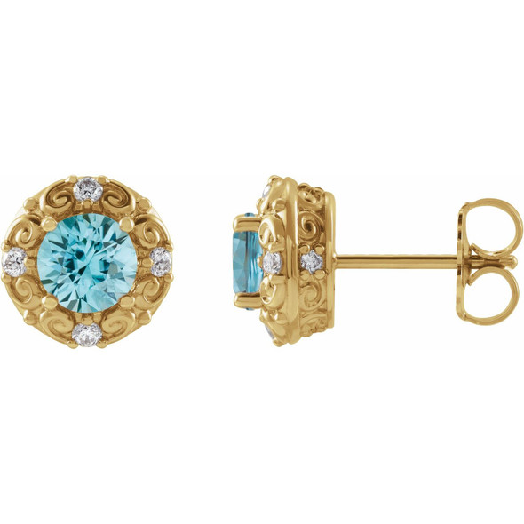 (NEW) BELLA COUTURE ROYA FINE 1/6 CT DIAMOND 5MM .75 CT NATURAL BLUE ZIRCON 14K YELLOW GOLD POST EARRINGS