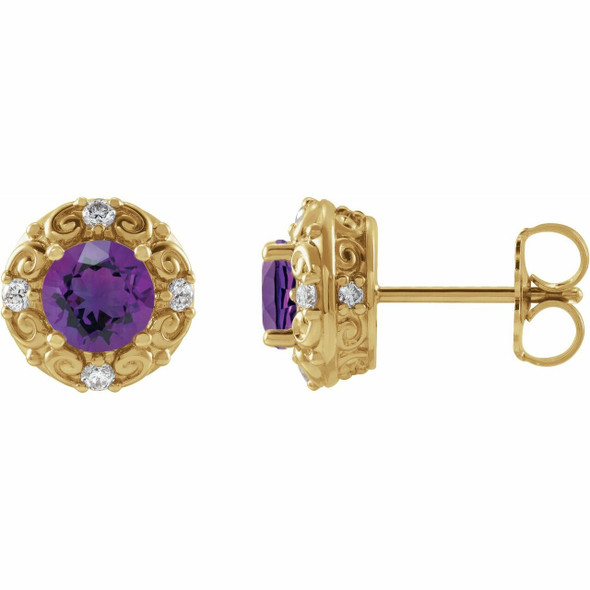 (NEW) BELLA COUTURE ROYA FINE 1/6 CT DIAMOND 5MM .75 CT NATURAL AMETHYST 14K YELLOW GOLD POST EARRINGS
