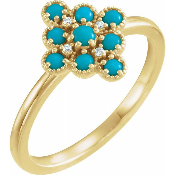 SOLD OUT - (NEW) JANE BORDEAUX® VICTORIANA 14K YELLOW GOLD CABOCHON NATURAL TURQUOISE PAVE' DIAMOND VICTORIAN STYLE RING BAND (0.10 CT. TW.)