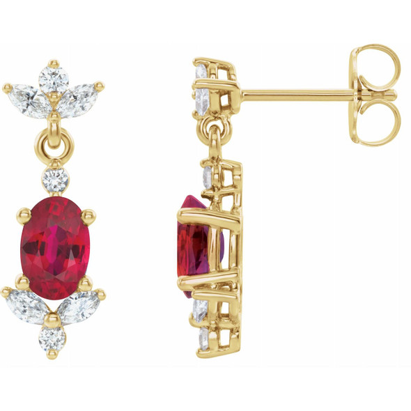 (NEW) BELLA COUTURE® ELLABETA MARQUISE DIAMOND RUBY 14K YELLOW GOLD OVAL GEMSTONE DANGLE DROP EARRINGS (3/8 CT. TW.)
