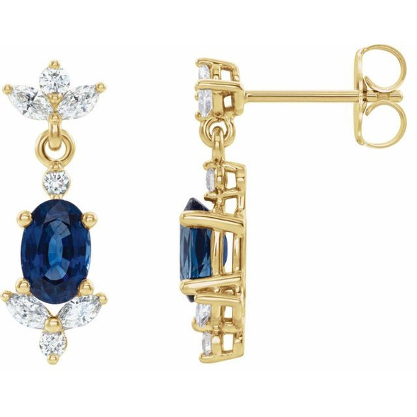 (NEW) BELLA COUTURE® ELLABETA MARQUISE DIAMOND GENUINE NATURAL BLUE SAPPHIRE 14K YELLOW GOLD OVAL GEMSTONE DANGLE DROP EARRINGS (3/8 CT. TW.)