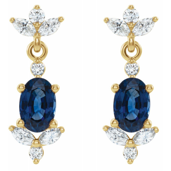 (NEW) BELLA COUTURE® ELLABETA MARQUISE DIAMOND GENUINE NATURAL BLUE SAPPHIRE 14K YELLOW GOLD OVAL GEMSTONE DANGLE DROP EARRINGS (3/8 CT. TW.)