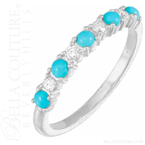 (NEW) BELLA COUTURE® ARIA 14K WHITE GOLD NATURAL SLEEPING BEAUTY TURQUOISE PAVE' DIAMOND RING BAND (1/8CT. TW.)