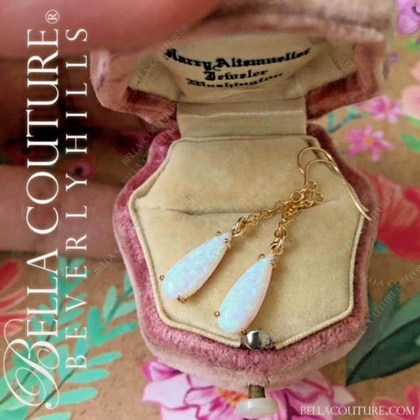 (NEW) BELLA COUTURE® 1.5" OPAL DREAMS White Opal 14K Yellow Gold Tear Drop Dangle Drop Earrings